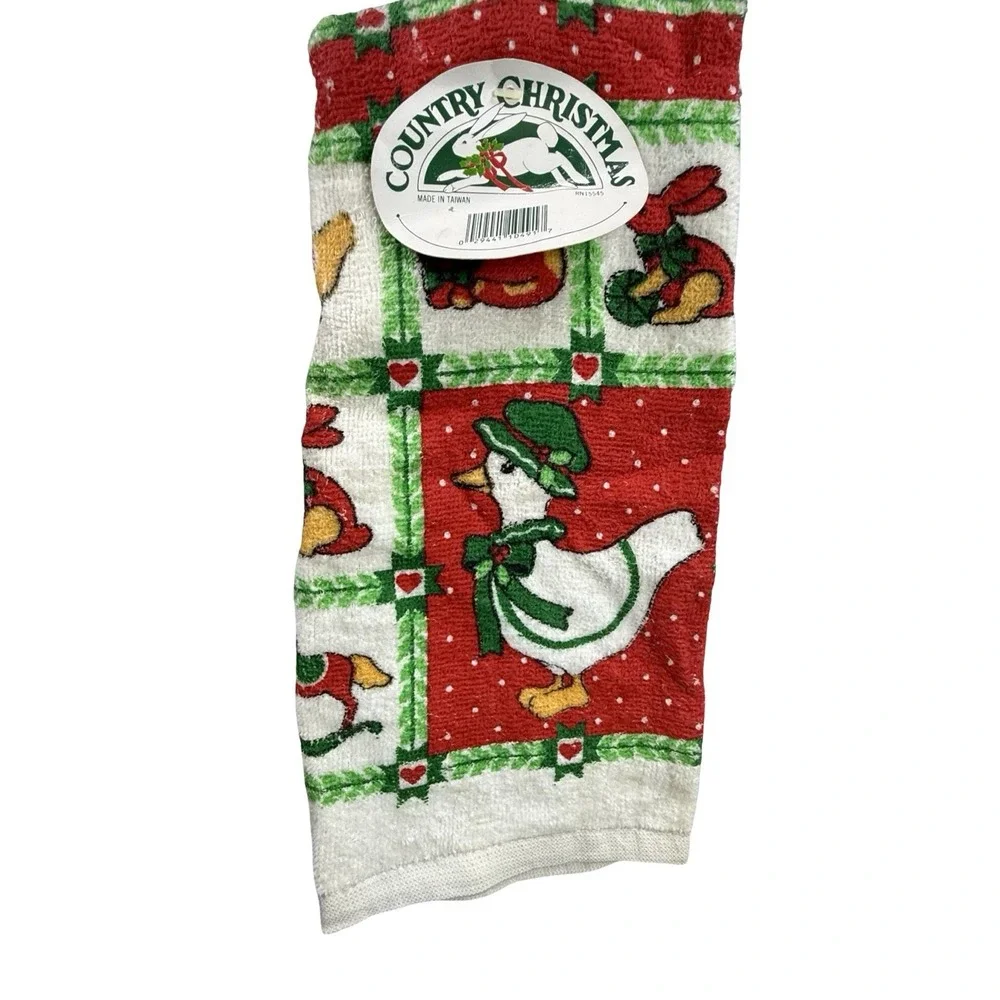 Vintage Country Christmas Terry Kitchen Towel Goose Bunny Rabbit NOS 90s